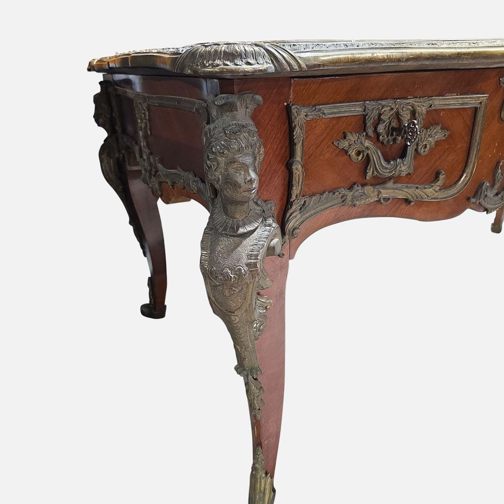 Antique French-Style Leather Top Ornate Wood Desk with Bronze Accents