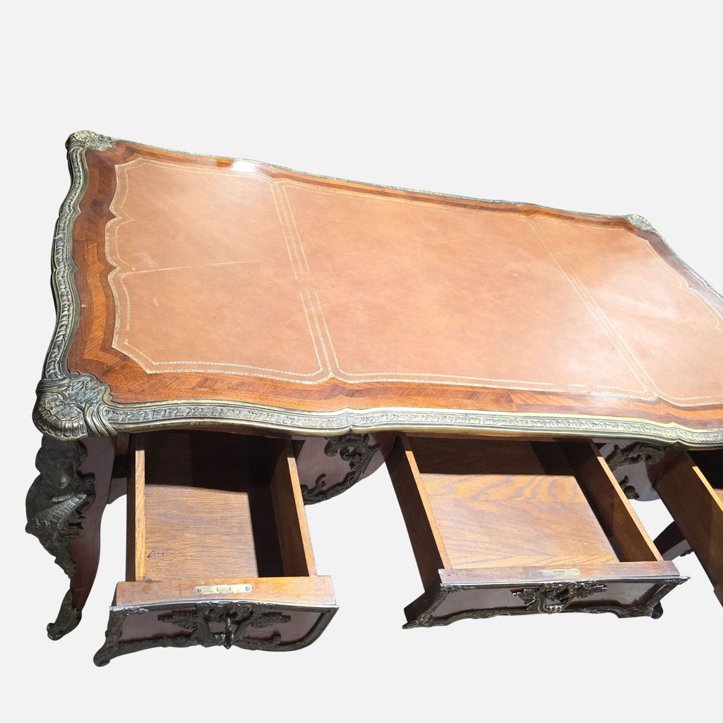 Antique French-Style Leather Top Ornate Wood Desk with Bronze Accents