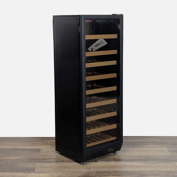 Allavino wine refrigerator with glass door and wooden shelves, designed to store up to 99 wine bottles.