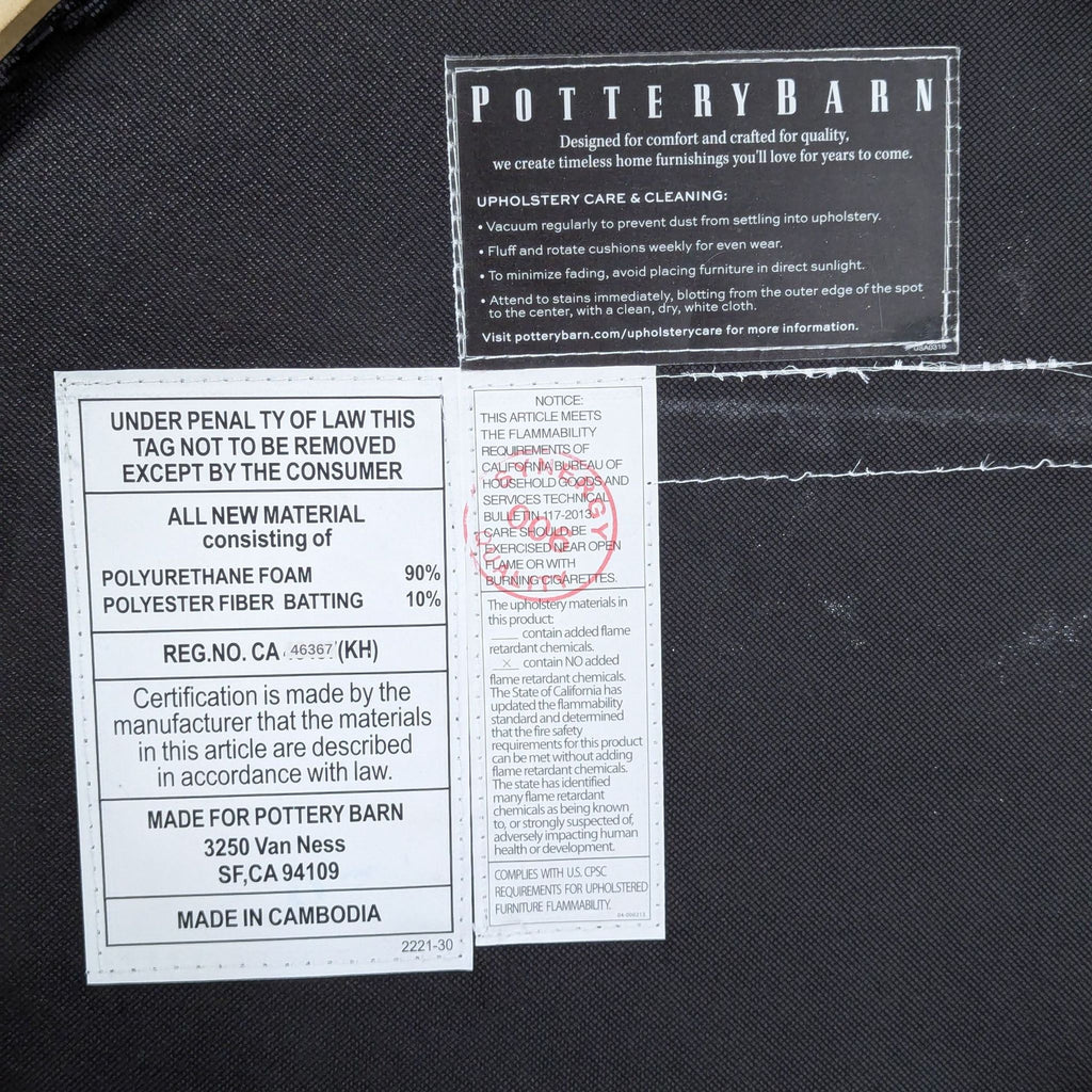 Pottery Barn product tag showing upholstery material details, origin (Cambodia), and care instructions for ottoman.