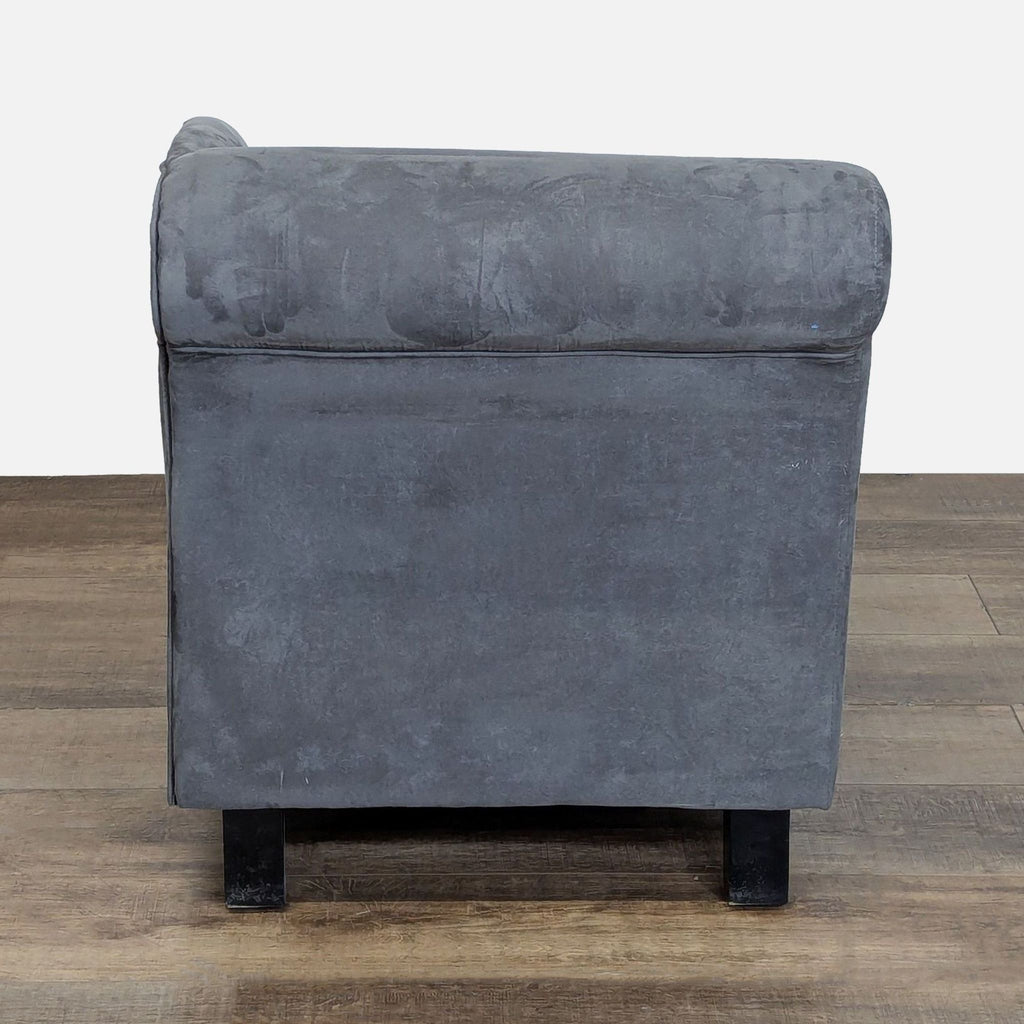 Back view of grey Reperch microfiber chaise with wood legs and plush upholstery, for the Other category.