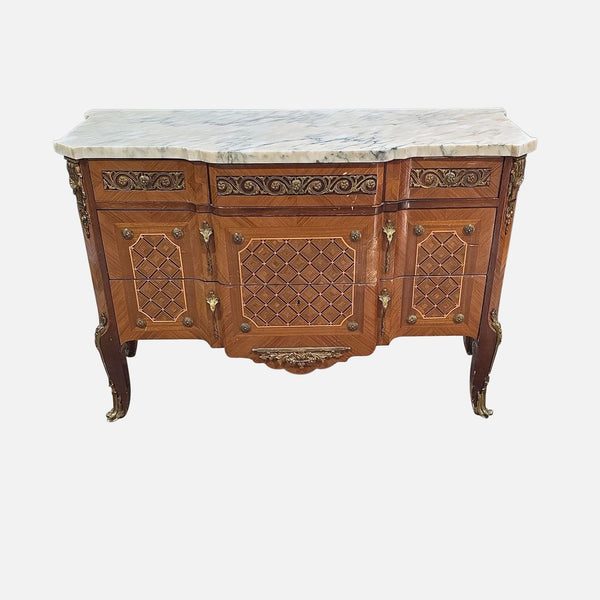 1. Ornate French-style sideboard by Reperch with marquetry, ormolu accents, and a removable marble top.  