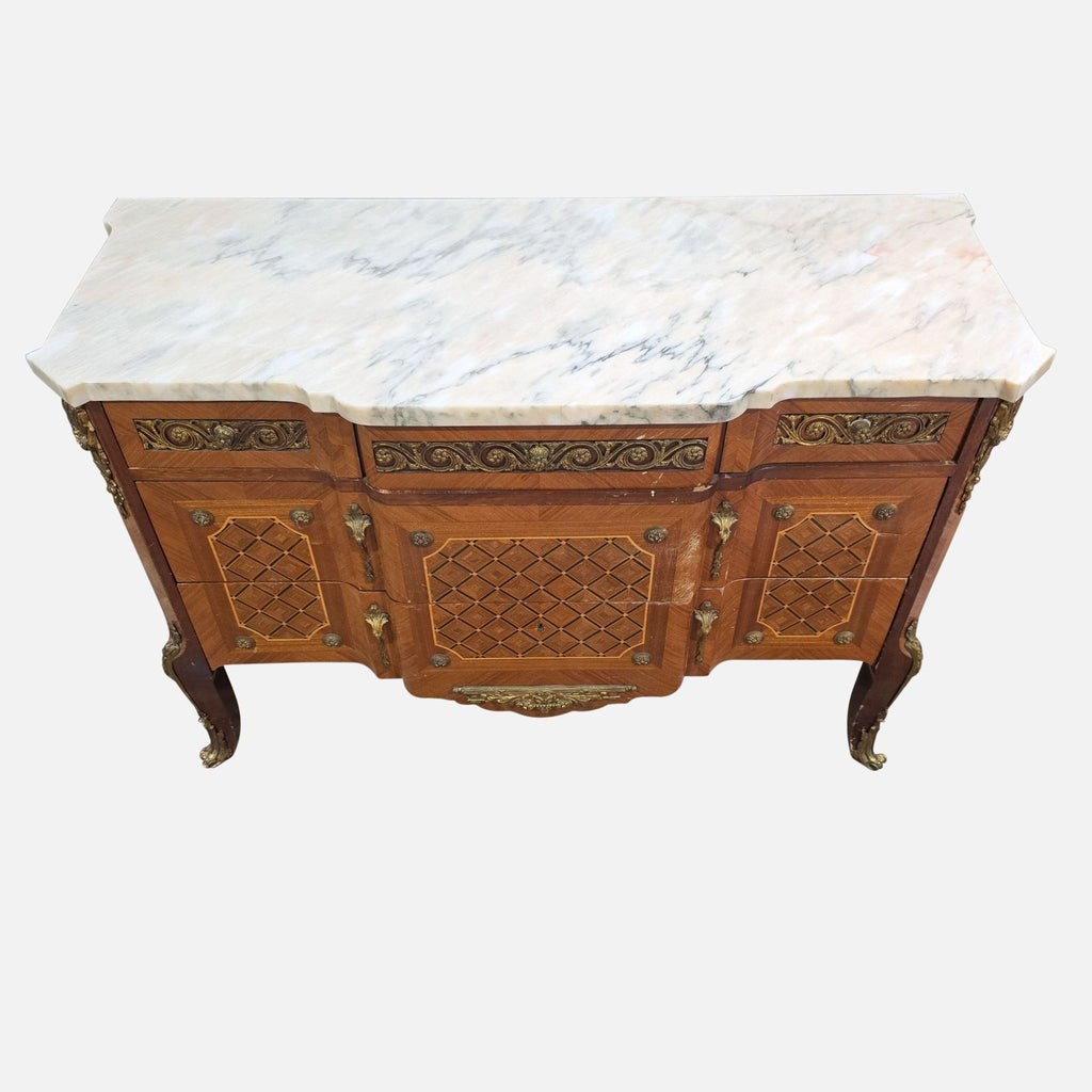 2. Top view of a Reperch French sideboard showing its detailed marquetry and a white marble removable surface.  