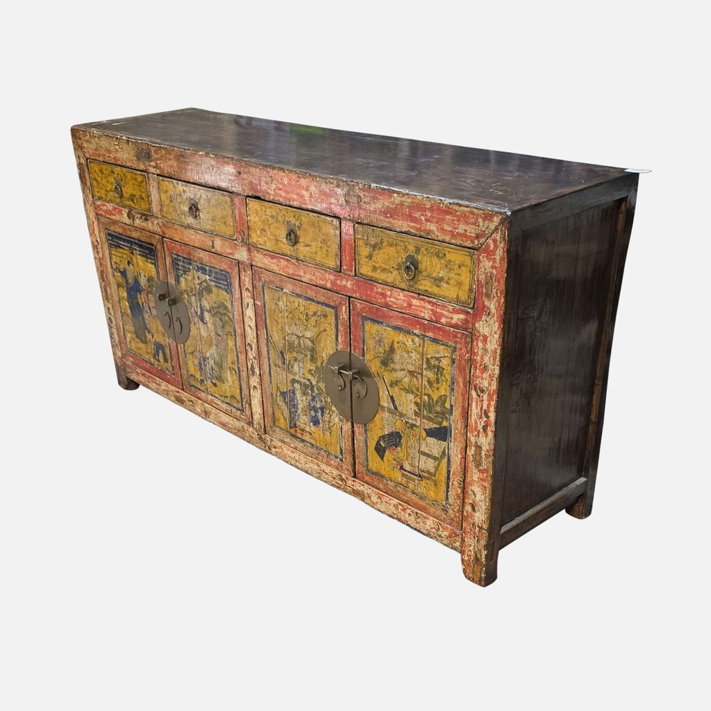 Antique Asian Hand-Painted Sideboard with Brass Hardware