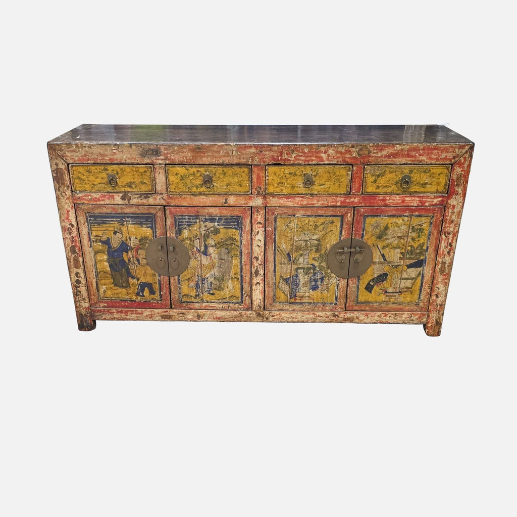 1. Rustic Reperch sideboard with four drawers, two cabinet sections, painted fronts, and antique-style hardware.