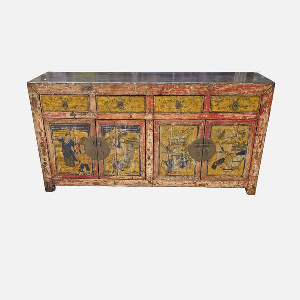 1. Rustic Reperch sideboard with four drawers, two cabinet sections, painted fronts, and antique-style hardware.