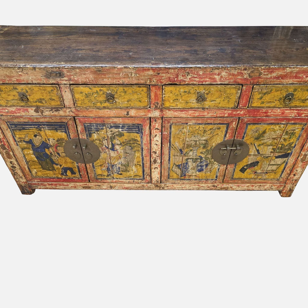2. Close-up of a vintage Reperch credenza showing colorful drawer and cabinet panels with detailed artwork.