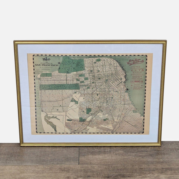 1. Framed 1909 vintage map of San Francisco by H.A. Candrian, featuring streets, parks, and landmarks in green.