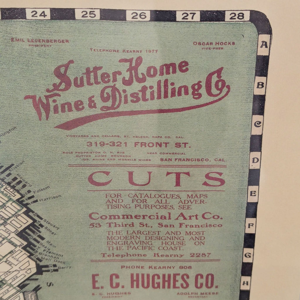 2. Close-up of a vintage San Francisco map showing Sutter Home Wine & Distilling Co. advertisement and street grid.
