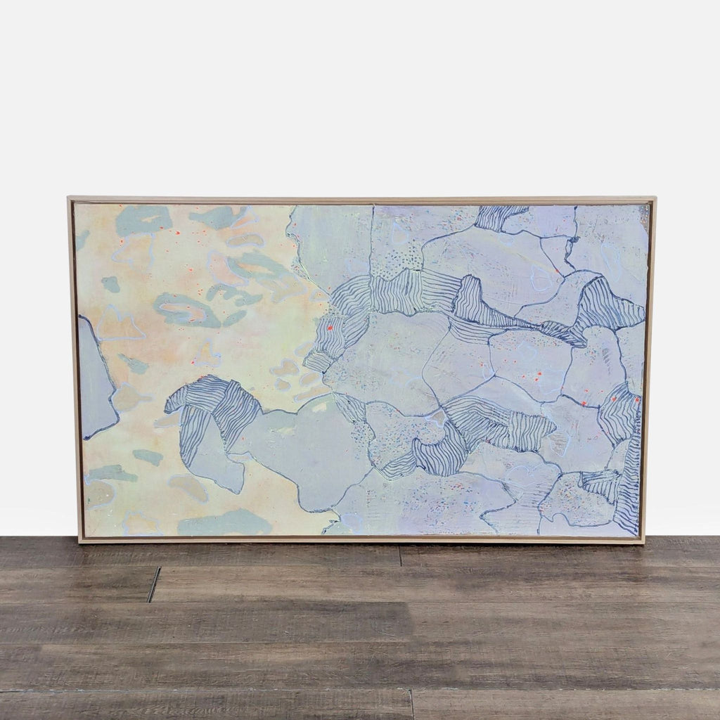 Impressionistic acrylic painting with blue tracings of shadows and subtle orange specks on canvas.