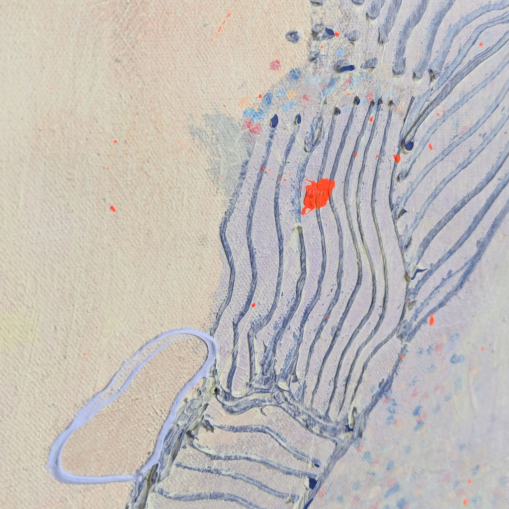 Close-up of blue lined shadow tracings and textured acrylic paint with orange accents on canvas surface.