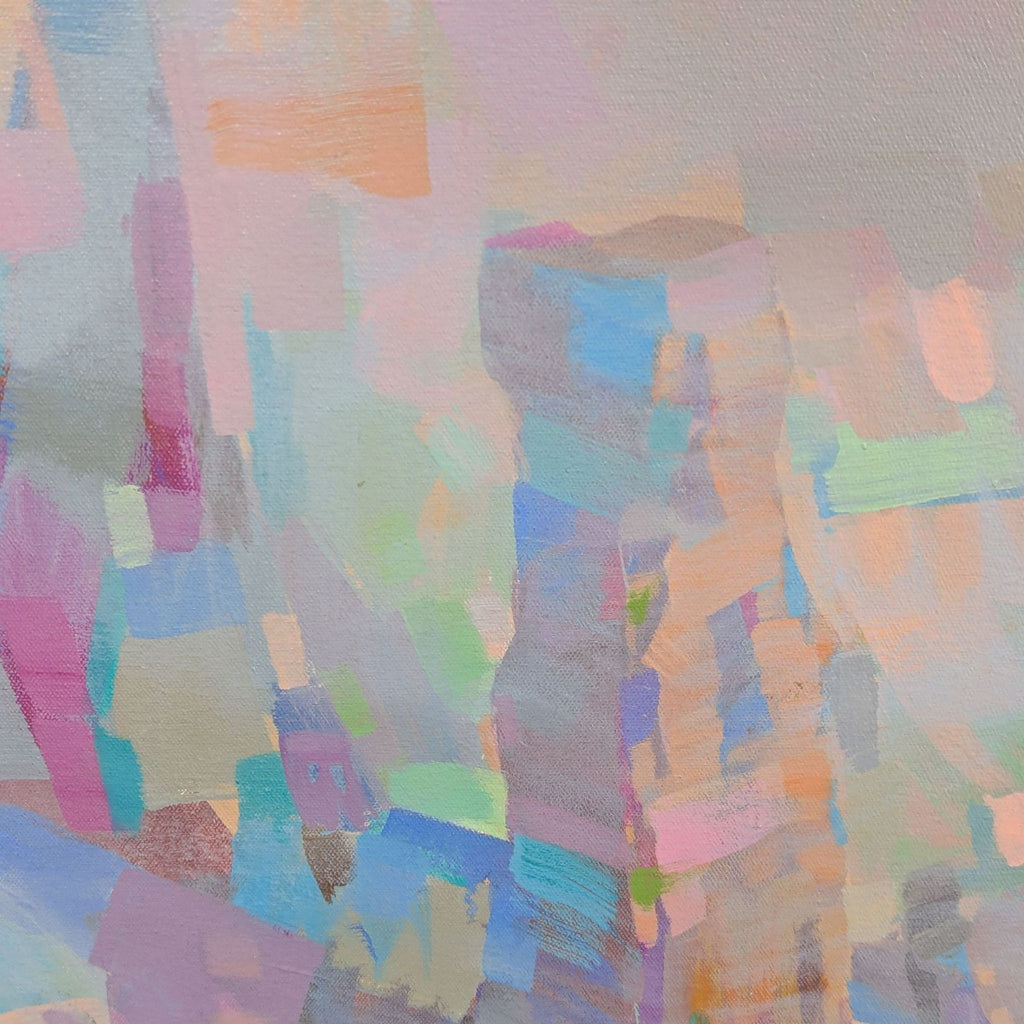 Detail view of textured brushstrokes in pastel tones from the impressionist Utah canyon painting by Vahe Yeremyan.