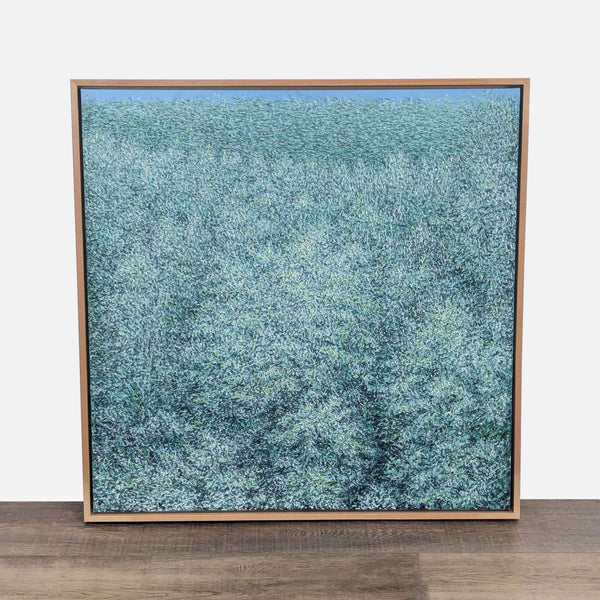 1. Framed Impressionist nature oil painting on canvas with green and blue brushstrokes, viewed on a wood floor.  