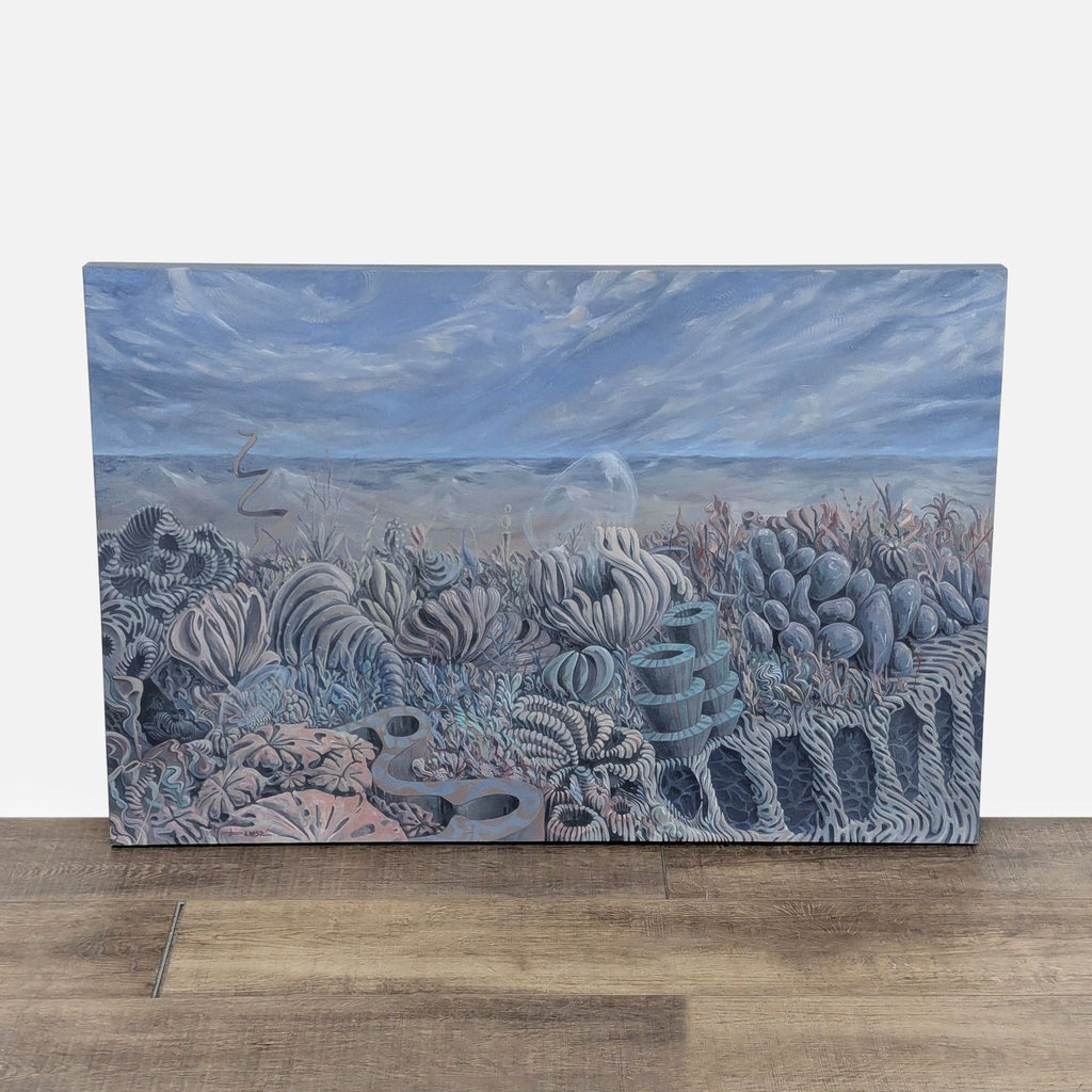 1. Surreal underwater landscape painting by Reperch, featuring organic forms and a cloudy sky above the horizon.