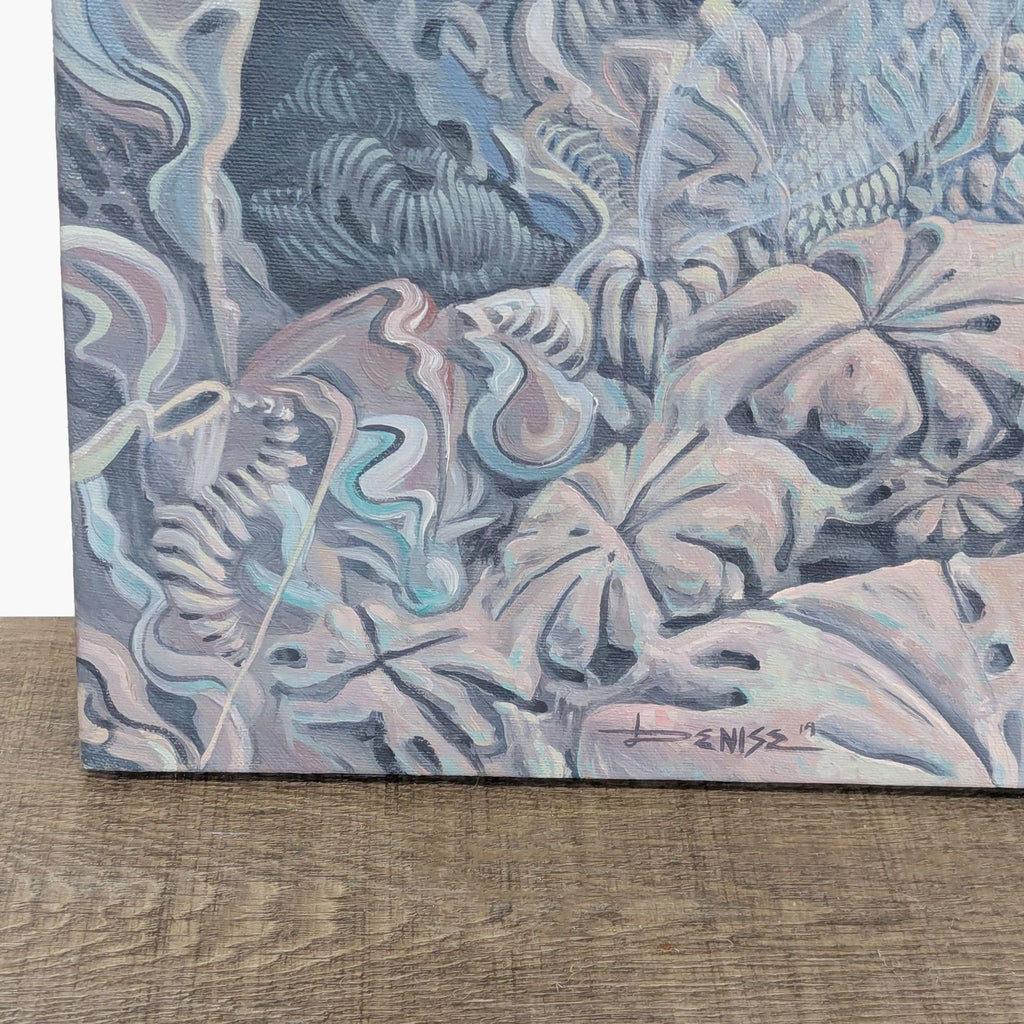 2. Close-up of the painting's bottom left corner, showing abstract details and the signature “Denise 19”.