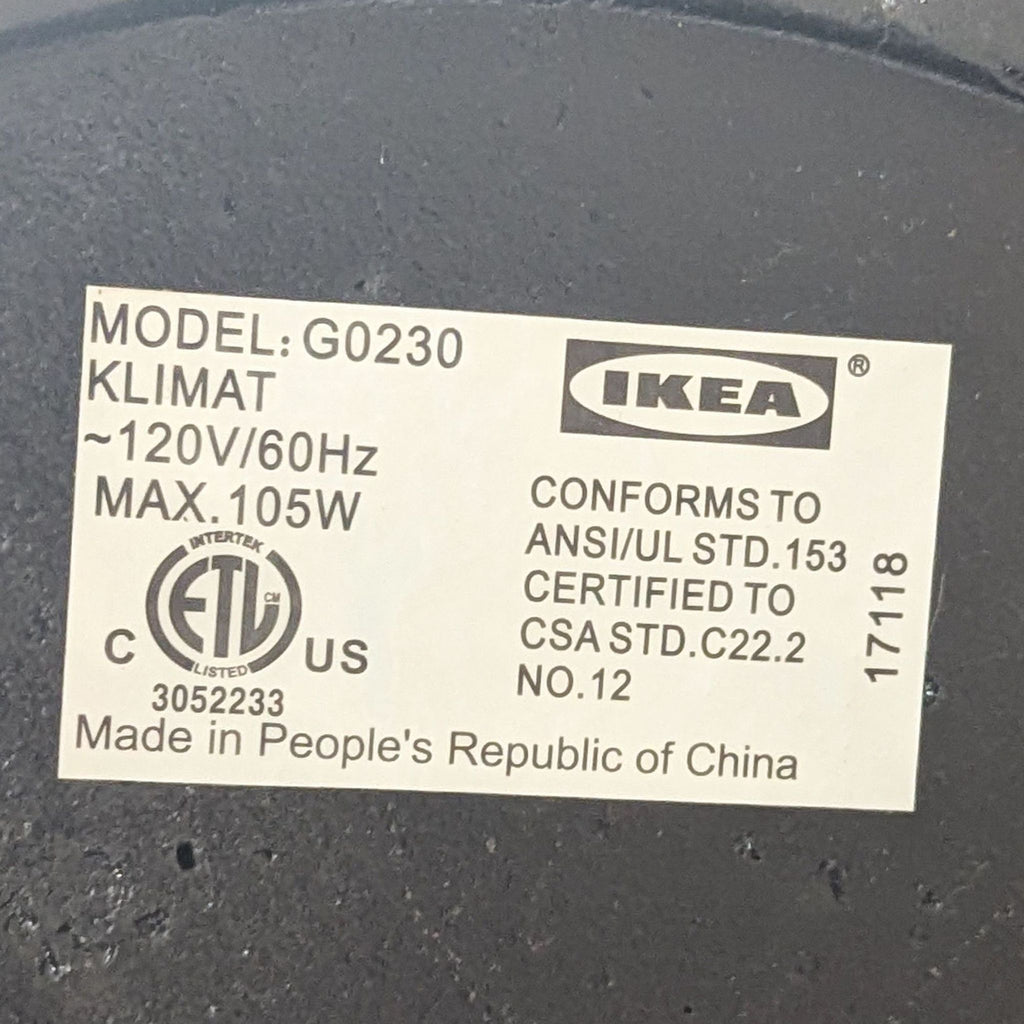 3. Product label for Ikea lamp, model KLIMAT G0230, showing specifications and certification information.