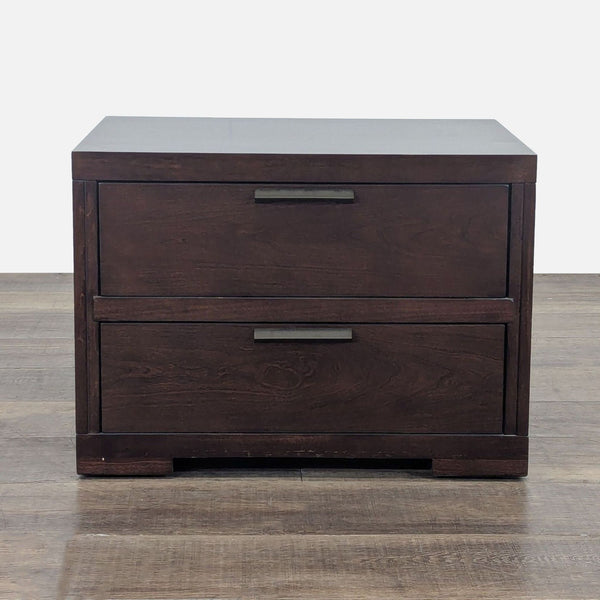 1. Crate & Barrel dark wood end table with two front drawers, shown closed, on a wooden floor.