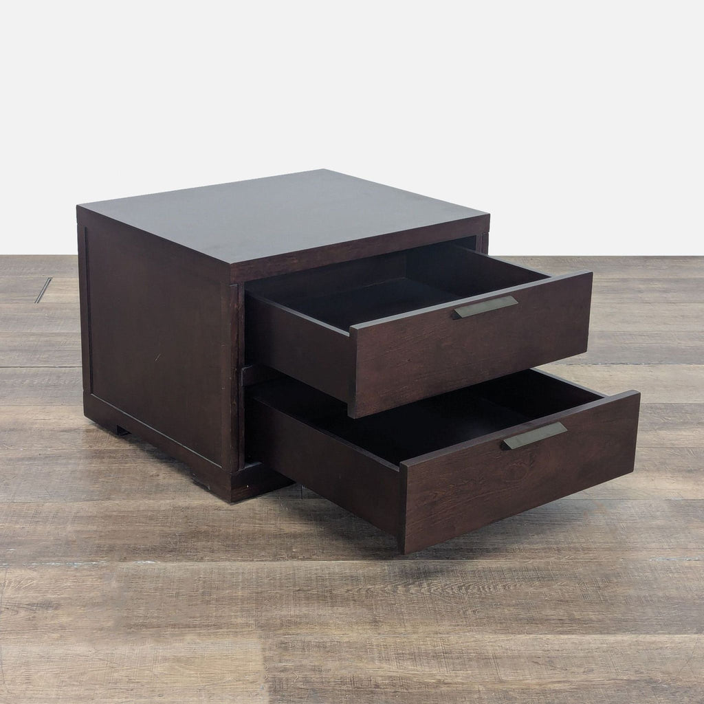 2. Crate & Barrel end table with dark wood finish, featuring two drawers partially open for storage.
