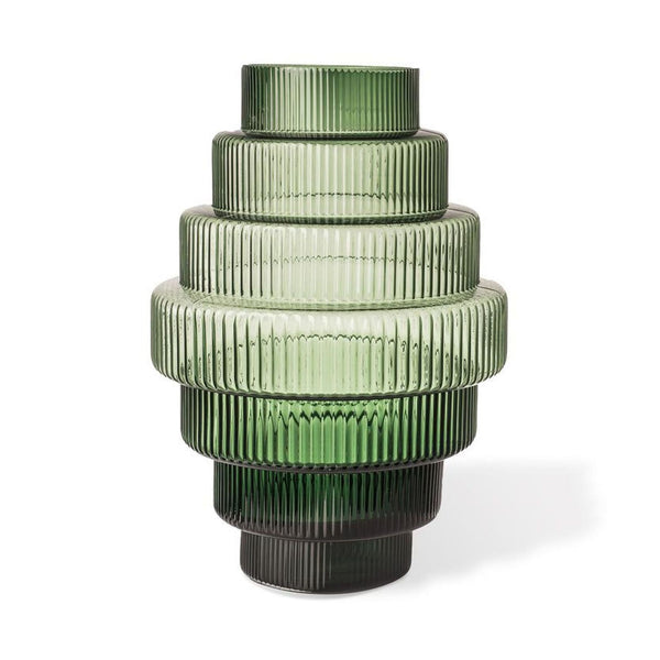Green, tiered Polspotten vase made of mouth-blown glass with ribbed detailing, designed to capture light.