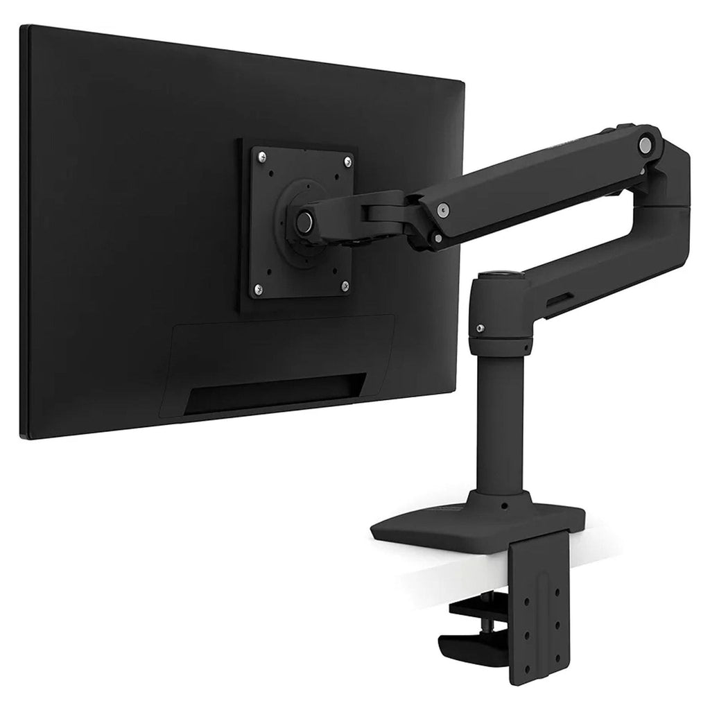 Adjustable Ergotron LX Single Monitor Arm shown mounted to desk, supporting a large screen for ergonomic positioning.
