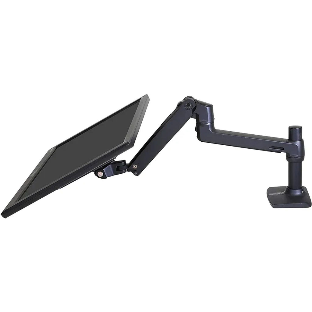 Side view of an Ergotron LX monitor arm demonstrating its full tilt capability for optimal workspace customization.