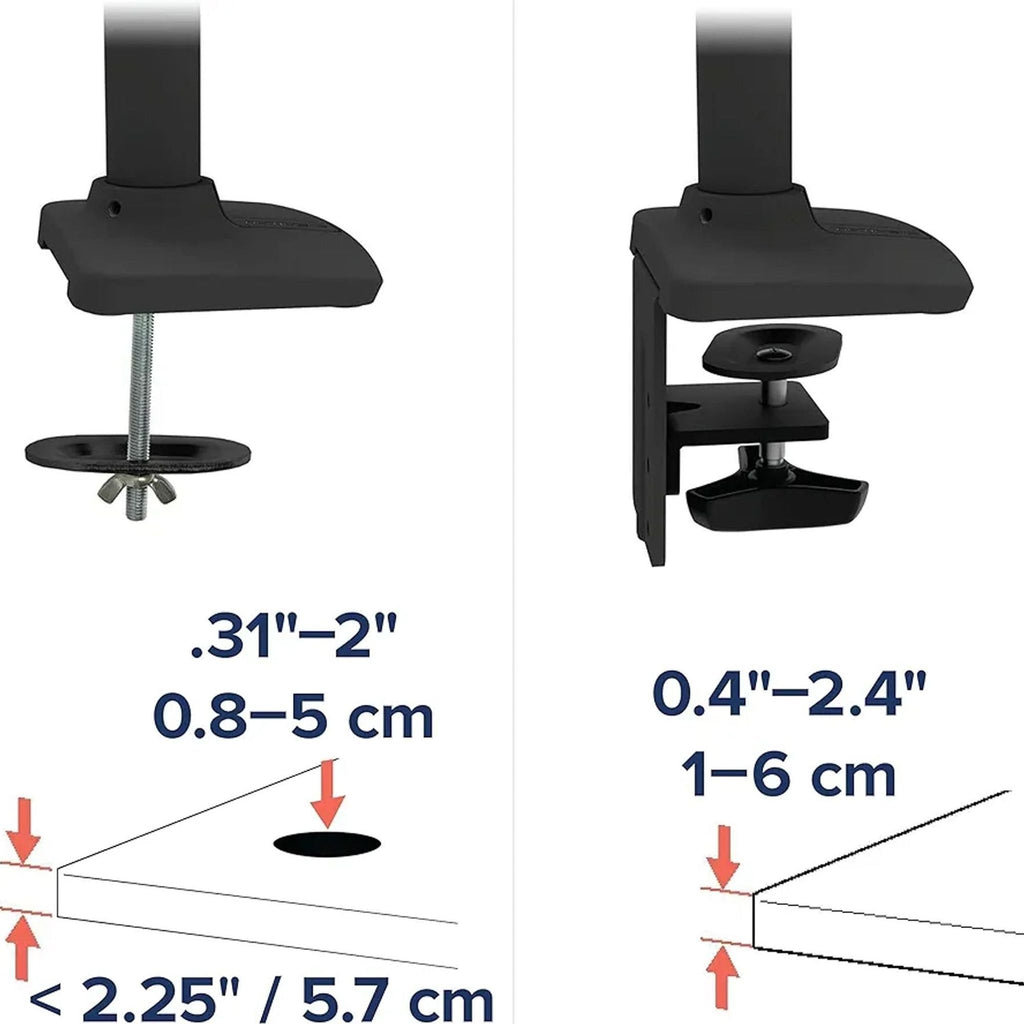 Closeup of Ergotron LX mounting options, displaying both grommet and desk clamp install methods with measurement details.