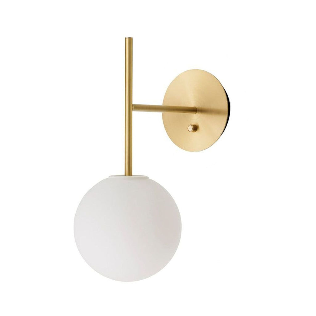 Elegant Tim Rundle wall lamp with a glass bulb and brass stem, controlled by a dial on the base.