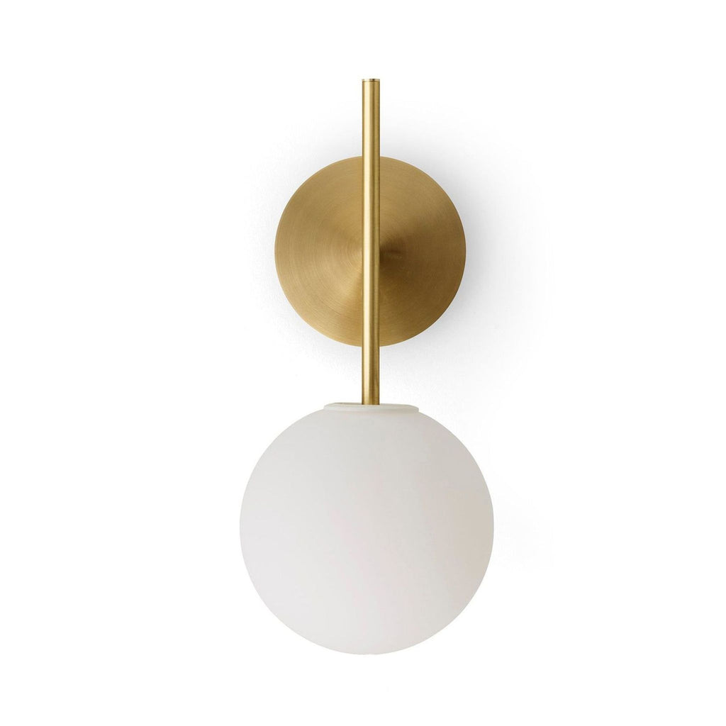 Modern wall lamp with opal glass globe and brushed brass arm, featuring a dimmable LED by Tim Rundle.  