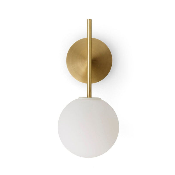 Modern wall lamp with opal glass globe and brushed brass arm, featuring a dimmable LED by Tim Rundle.  