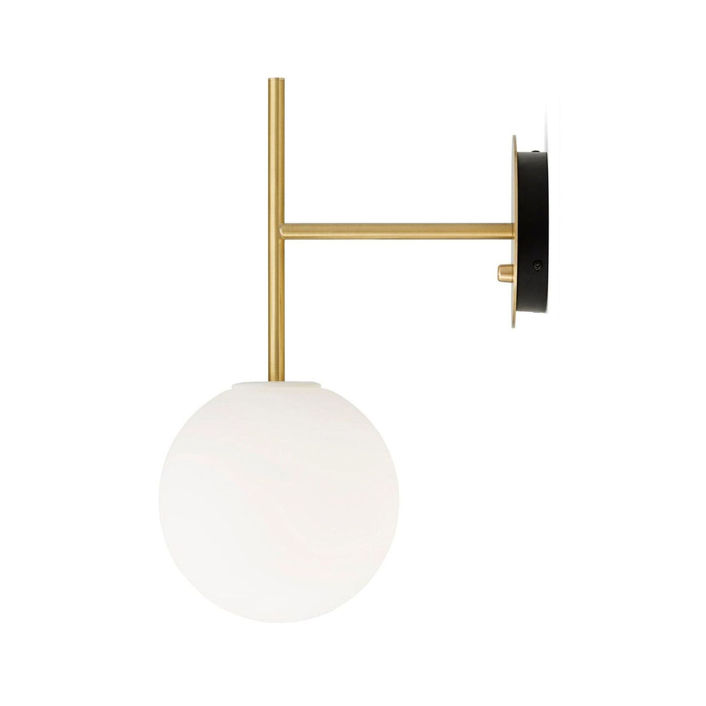 Contemporary suspended wall light with round opal shade and sleek brass arm, designed by Tim Rundle.  