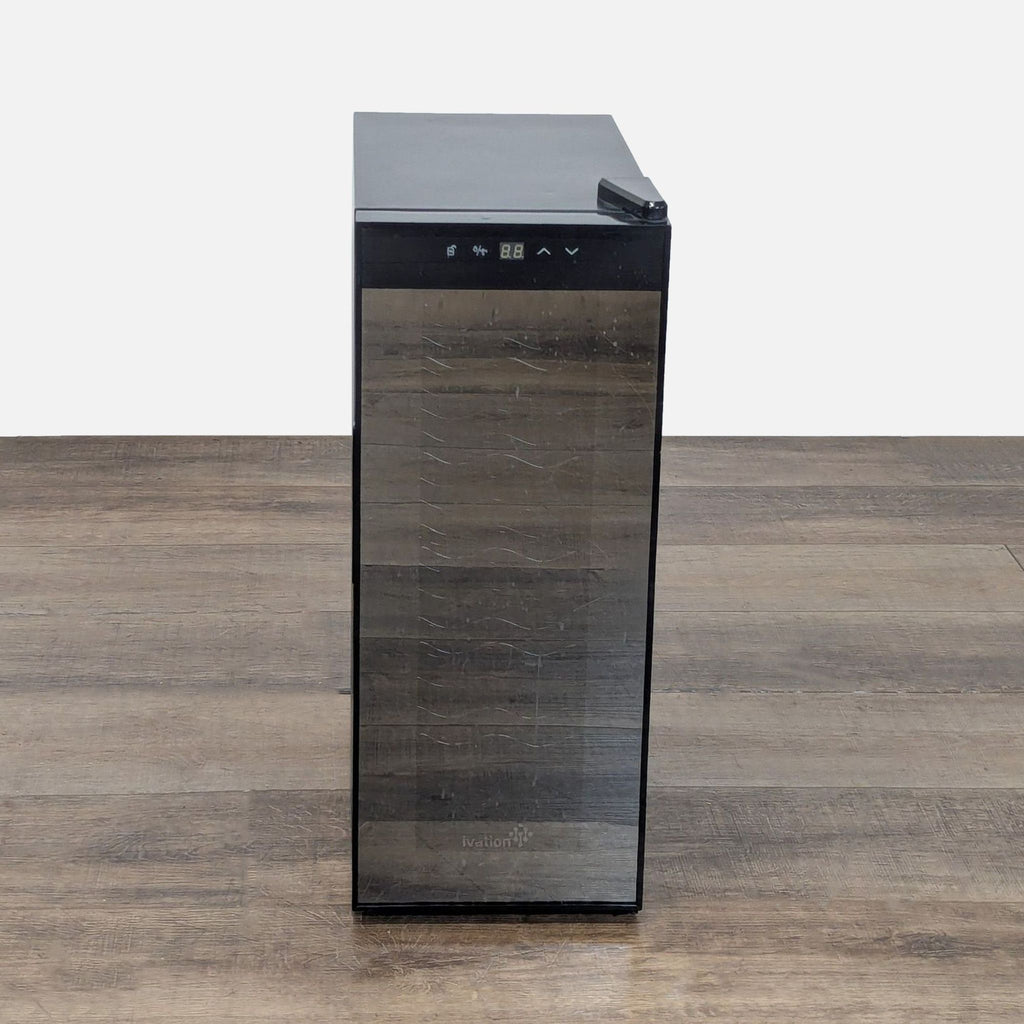 Front view of the Ivation 12-bottle thermoelectric wine cooler with a black cabinet and smoked glass door.  
