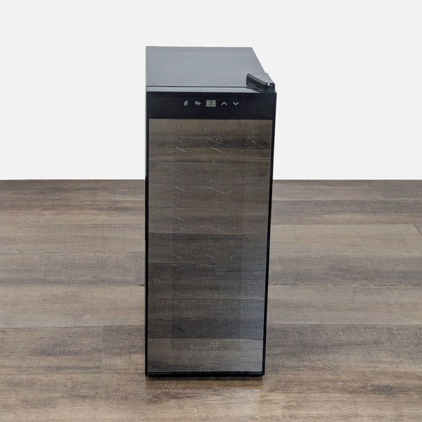 Front view of the Ivation 12-bottle thermoelectric wine cooler with a black cabinet and smoked glass door.  