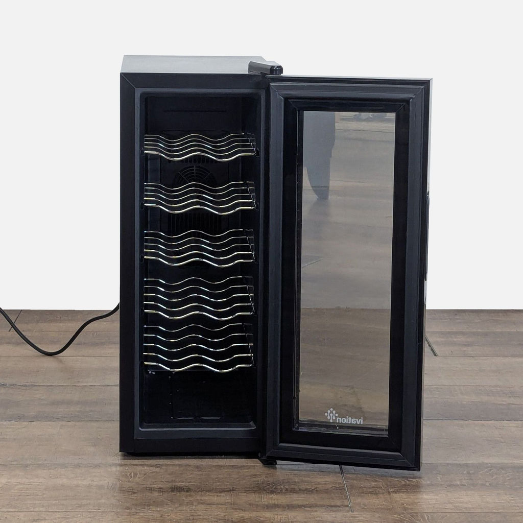 Ivation 12-bottle wine cooler shown open, displaying chrome shelves and smoked glass door for UV protection.  