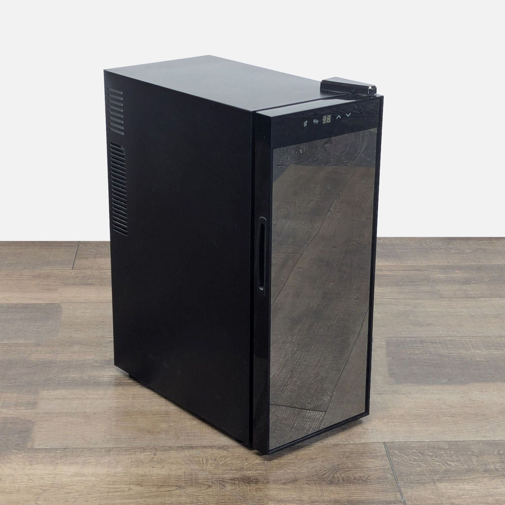 Angled side view of the Ivation freestanding wine refrigerator with touch controls and a sleek black finish.