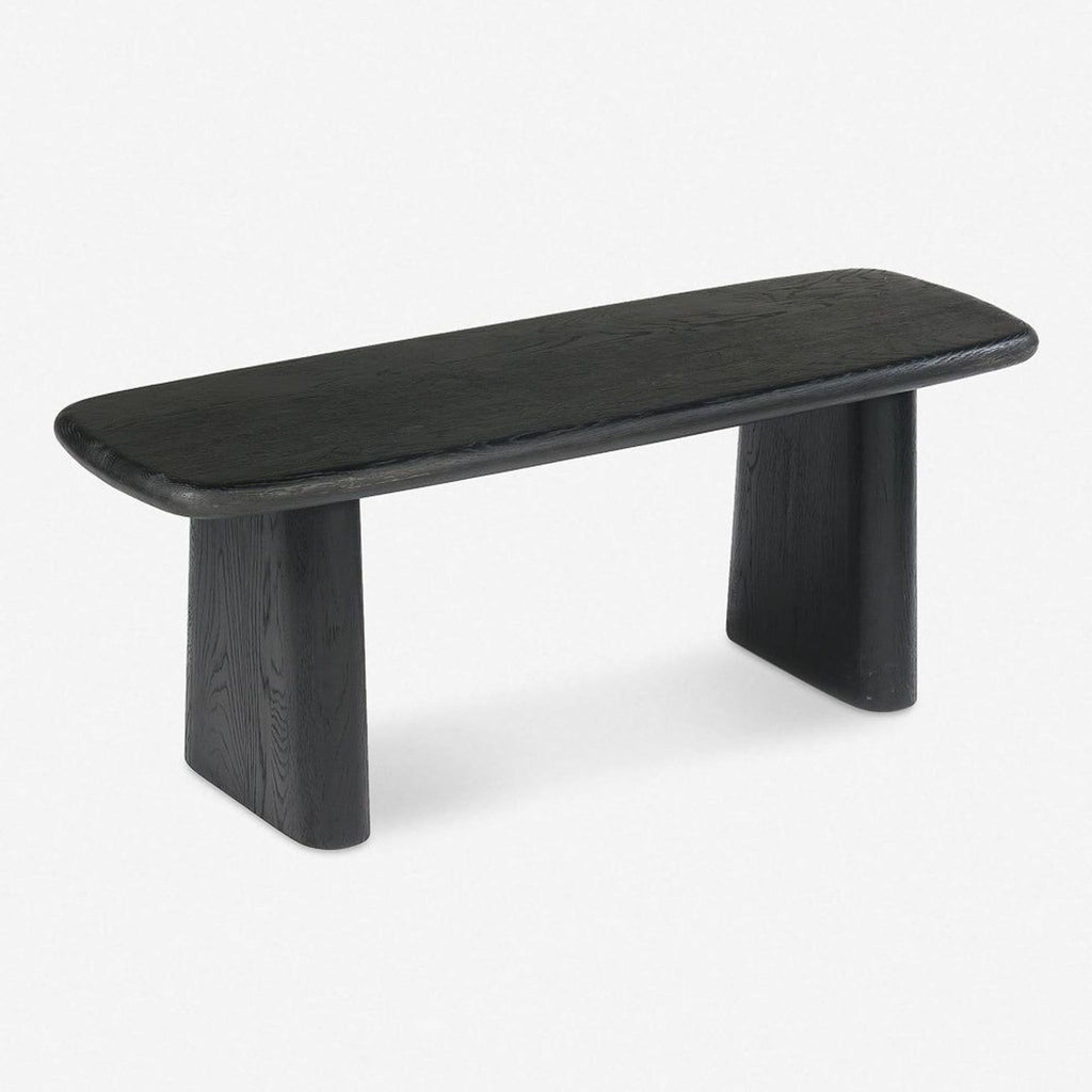 1. Modern oak bench in charcoal finish, with rounded edges and wide legs from Lulu and Georgia.