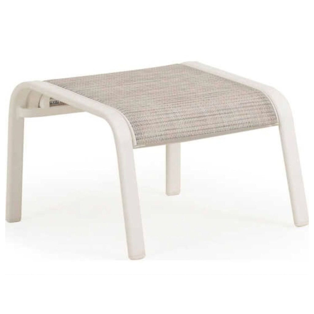 Sturdy Reperch patio ottoman with a rust-proof aluminum frame and taupe vinyl-coated polyester sling.