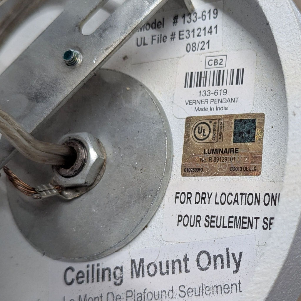 3. Product label on CB2 pendant light fixture with model, UL certification, and "Ceiling Mount Only" instructions.