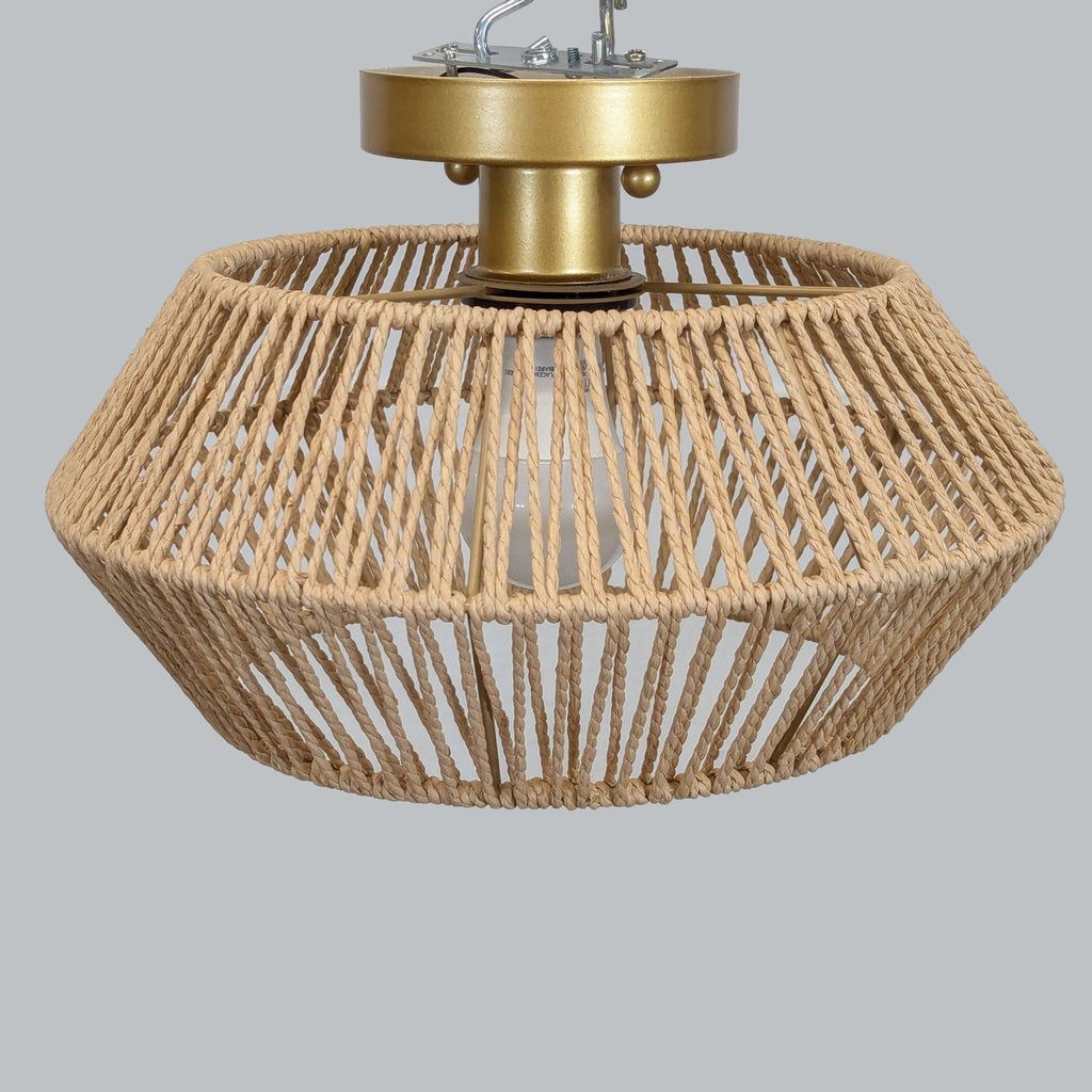 1. Reperch semi-flush mount light with woven hemp rope shade and gold tone fixture, shown against gray background.