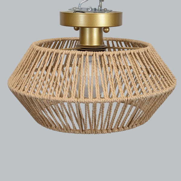 1. Reperch semi-flush mount light with woven hemp rope shade and gold tone fixture, shown against gray background.