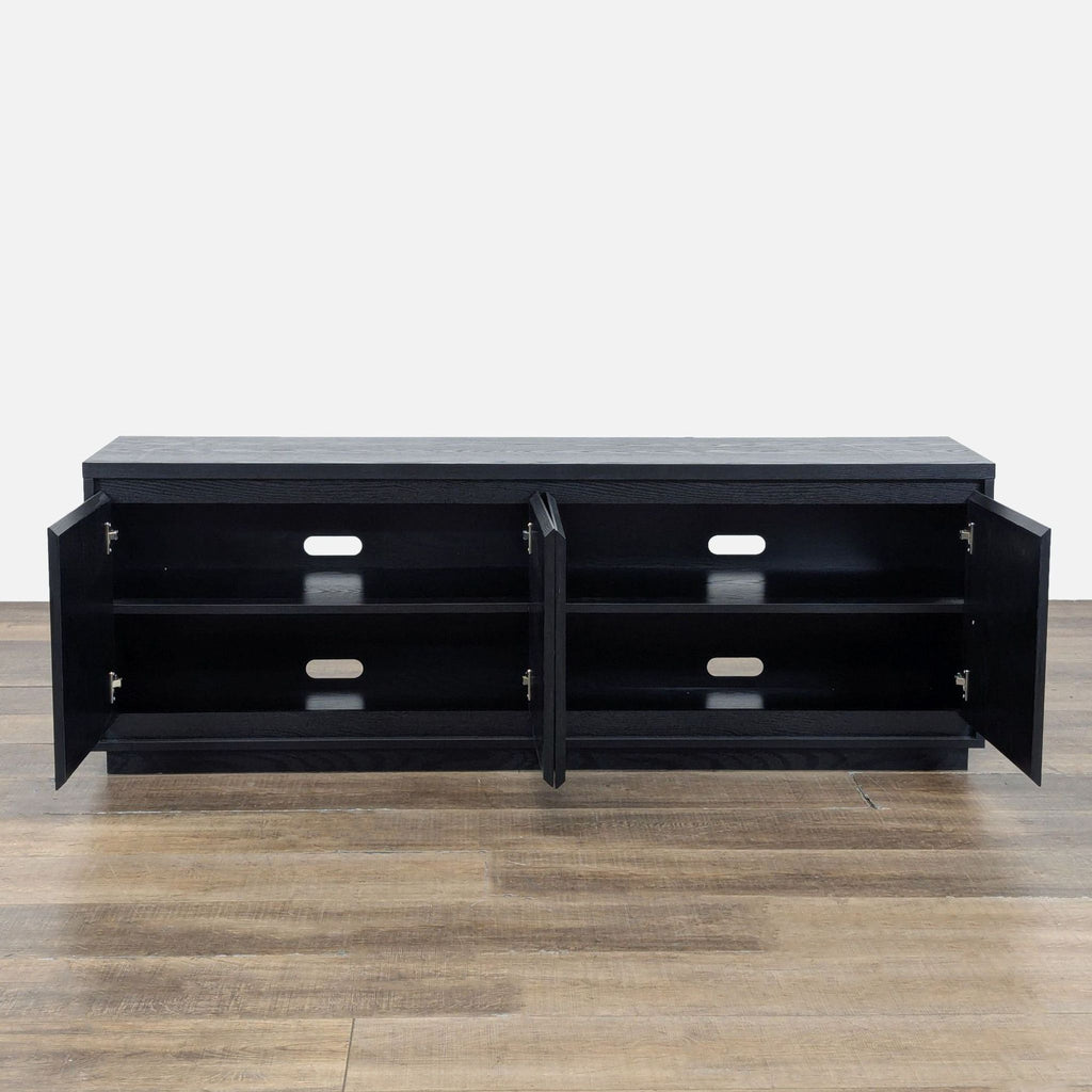 2. Open Reperch media cabinet showing four shelves and spacious enclosed storage behind its four doors.