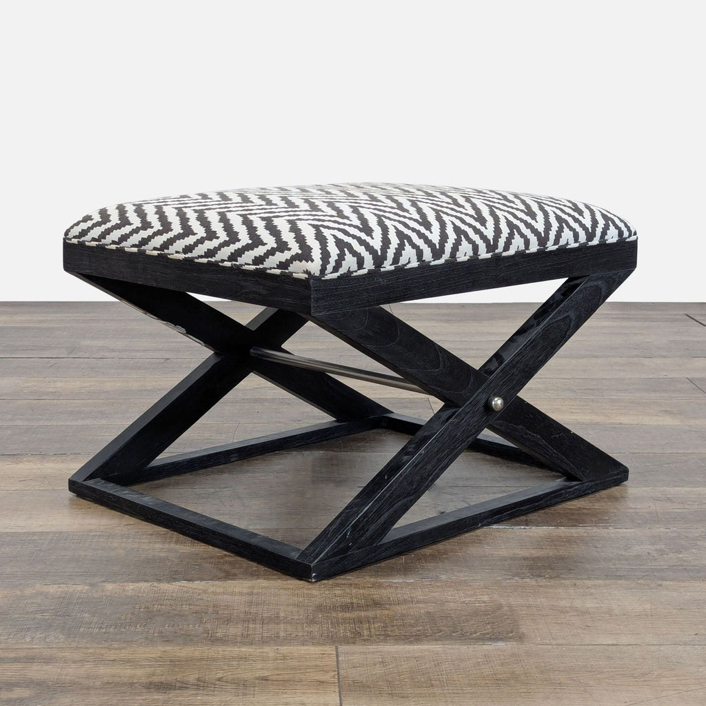 2. Modern ottoman with patterned cushioned top and dark wood X base, categorized under stools and benches.