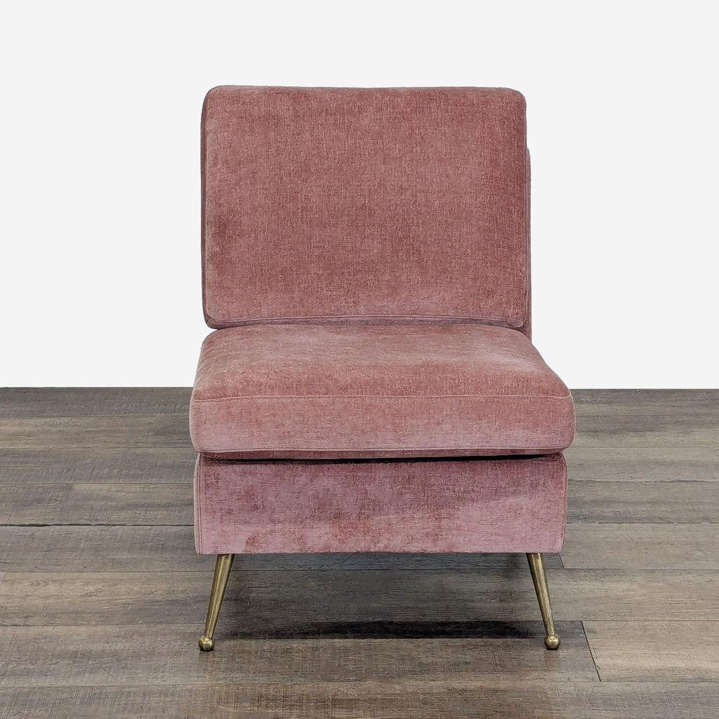 1. MXM Lounge chair with dusty pink velvet upholstery and gold tone metal legs, front view.