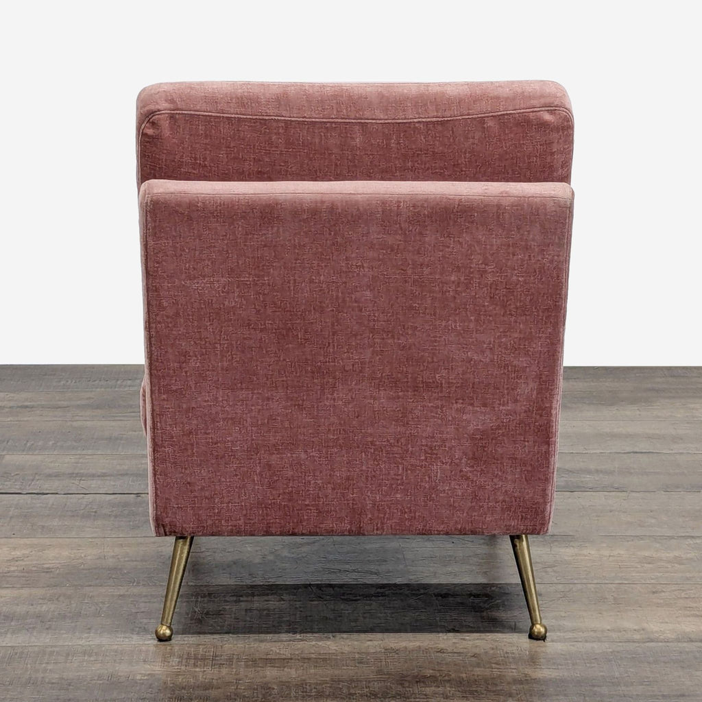 3. Back view of MXM Lounge chair featuring dusty pink velvet fabric and gold tone legs.