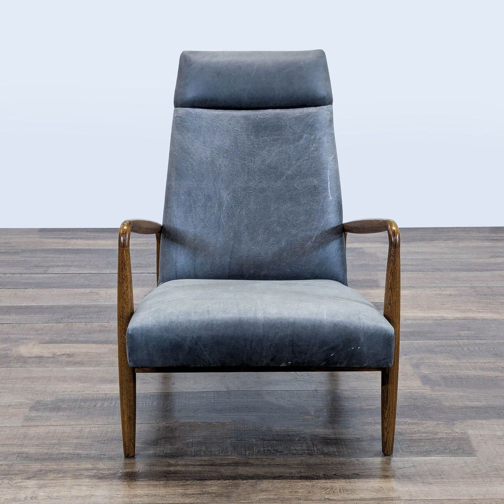 1. Front view of a Reperch lounge chair with high back and sculpted wooden arms, mid-century modern design.