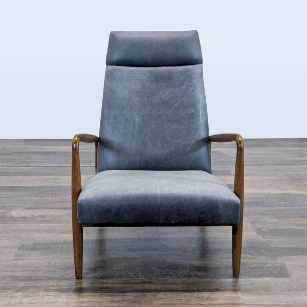 1. Front view of a Reperch lounge chair with high back and sculpted wooden arms, mid-century modern design.