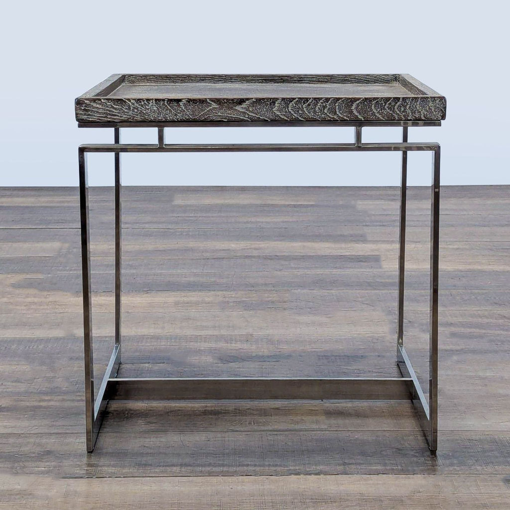 1. Modern end table by Brownstone Furniture with a weathered wood top and sleek chrome metal frame.