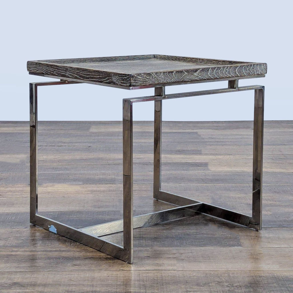 2. Square Brownstone Furniture end table featuring a distressed wooden tray top and geometric metal base.
