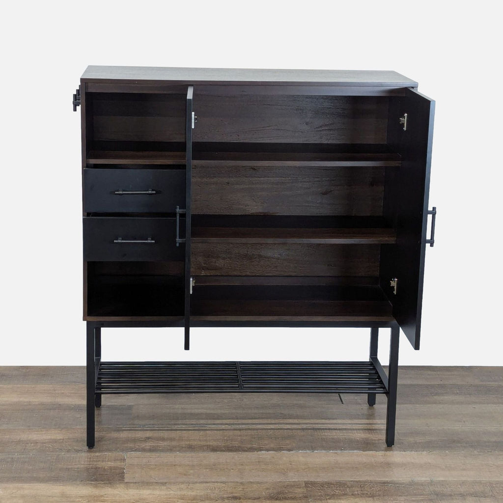 2. Crate & Barrel two-toned cabinet showing open shelves, drawers, cubbies, and black hardware for versatile storage.