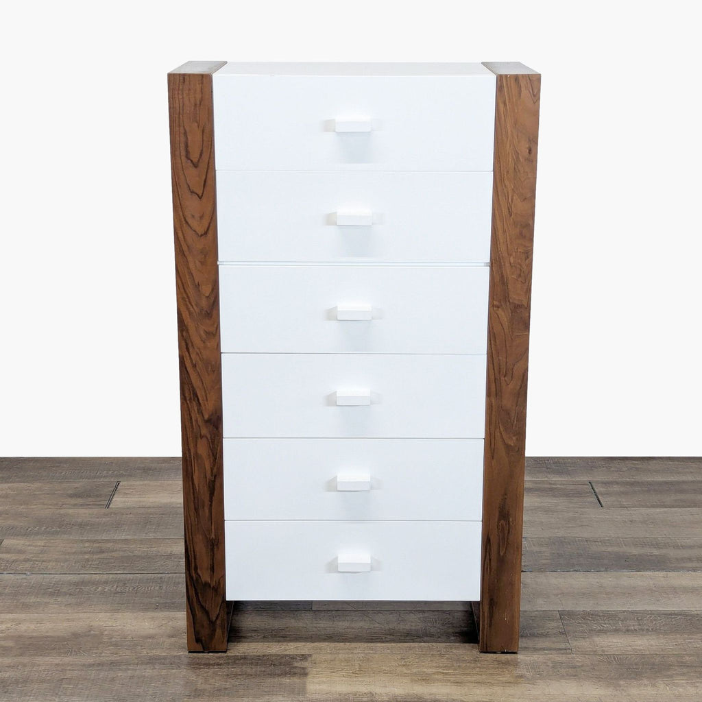 1. Modern Ducduc dresser with six white drawers, wood grain side panels, and small rectangular pulls, front view.  