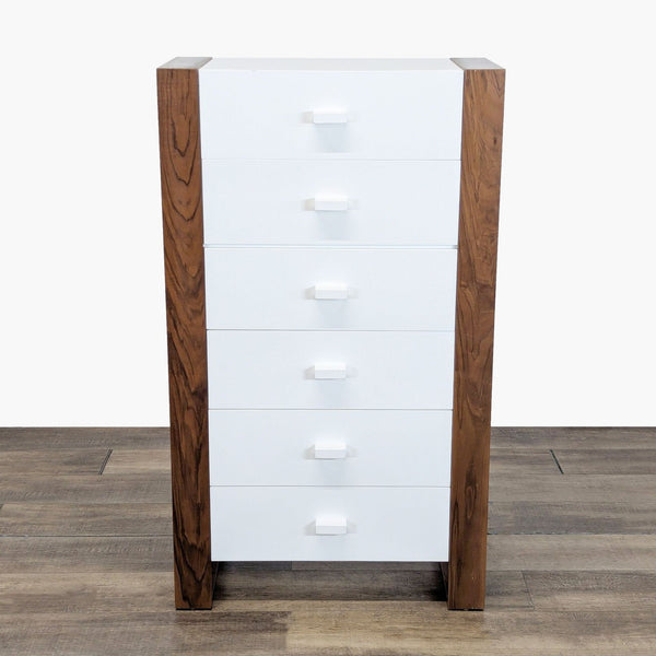 1. Modern Ducduc dresser with six white drawers, wood grain side panels, and small rectangular pulls, front view.  